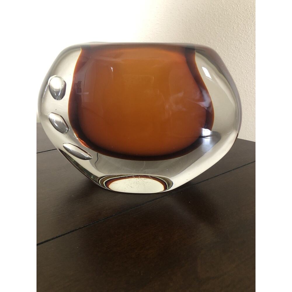 Murano Style Amber And Clear Art Glass Base